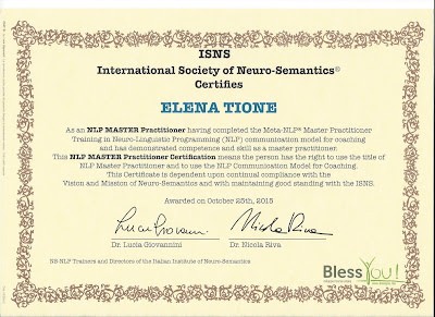 Elena Tione | Diploma di master practitioner in Programmazione Neuro-Linguistica e Neuro-Semantica®, anno 2015 Elena Tione | Diploma di master practitioner in Programmazione Neuro-Linguistica e Neuro-Semantica®, anno 2015