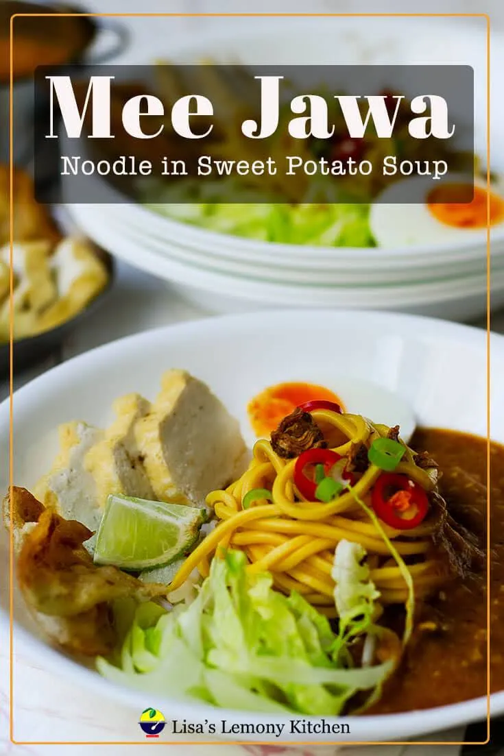 Mee Jawa / Noodles in Sweet Potato Soup recipe.  Mee Jawa is served with sweet potato soup, deep fried beancurd, boiled eggs and sambal.