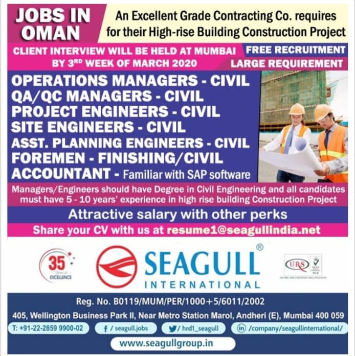 OMAN JOBS REQUIRED FOR A LEADING COMPANY FOR THEIR CONSTRUCTION PROJECT IN OMAN