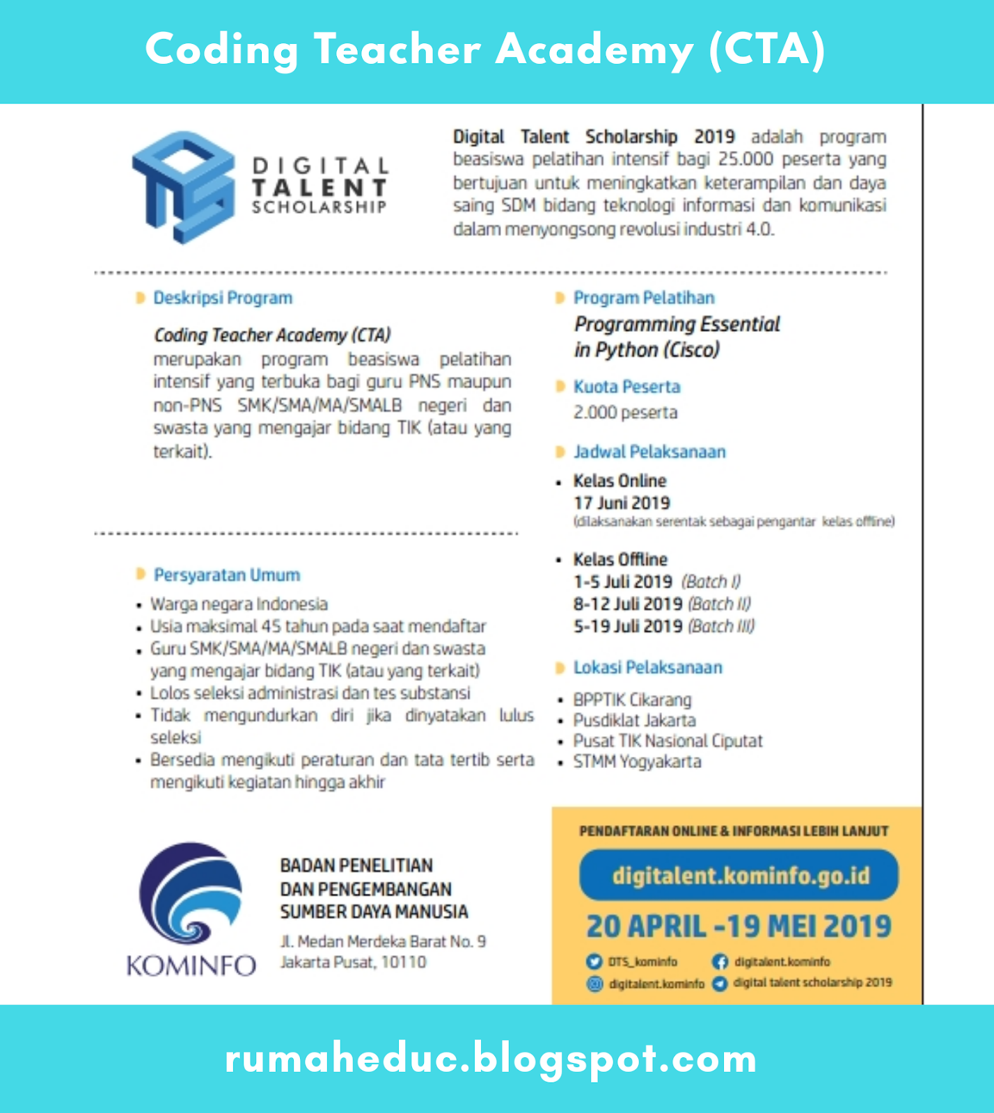 Pendaftaran Beasiswa Digital Talent Scholarship 2019 Tersedia Program Untuk Guru Lulusan Smk Dan Masyarakat Umum Rumah Edukasi