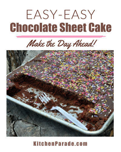 Easy-Easy Chocolate Sheet Cake ♥ KitchenParade.com, dark, moist, chocolate-y. No mixer required.