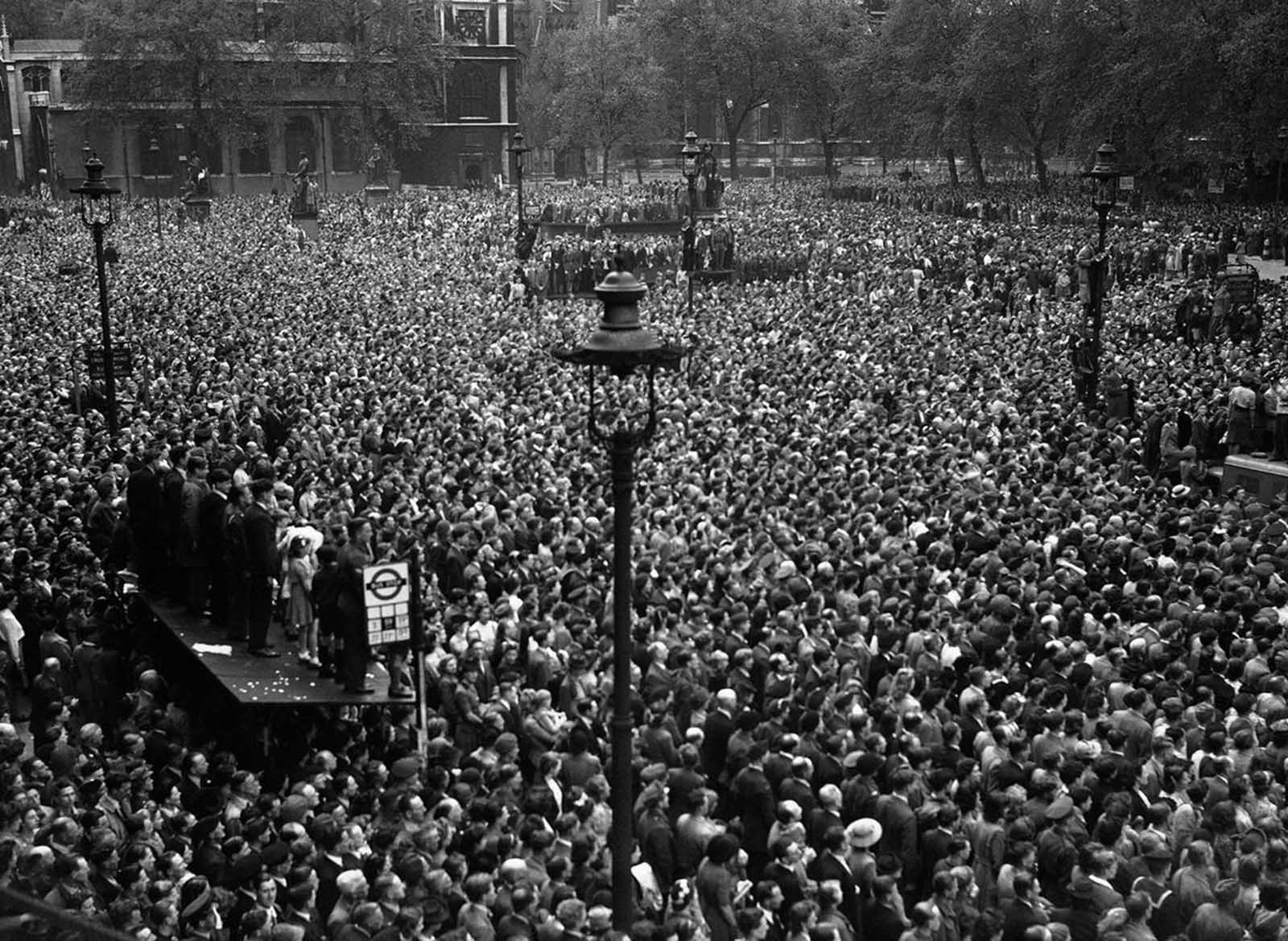 A seething mass of humanity jammed itself into Whitehall in central London on VE-Day (Victory in Europe Day), May 8, 1945, to hear the premier officially announce Germany's unconditional surrender. More than one million people celebrated in the streets of London.