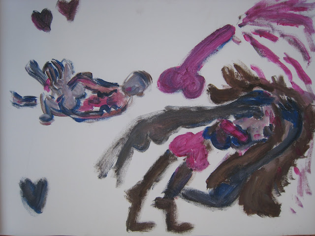 Pintura que muestra varias escenas sexuales, con sexo oral, eyaculación dentro de la boca y un gran pene fucsia eyaculando semen del mismo color, rosa, obra de Emebezeta