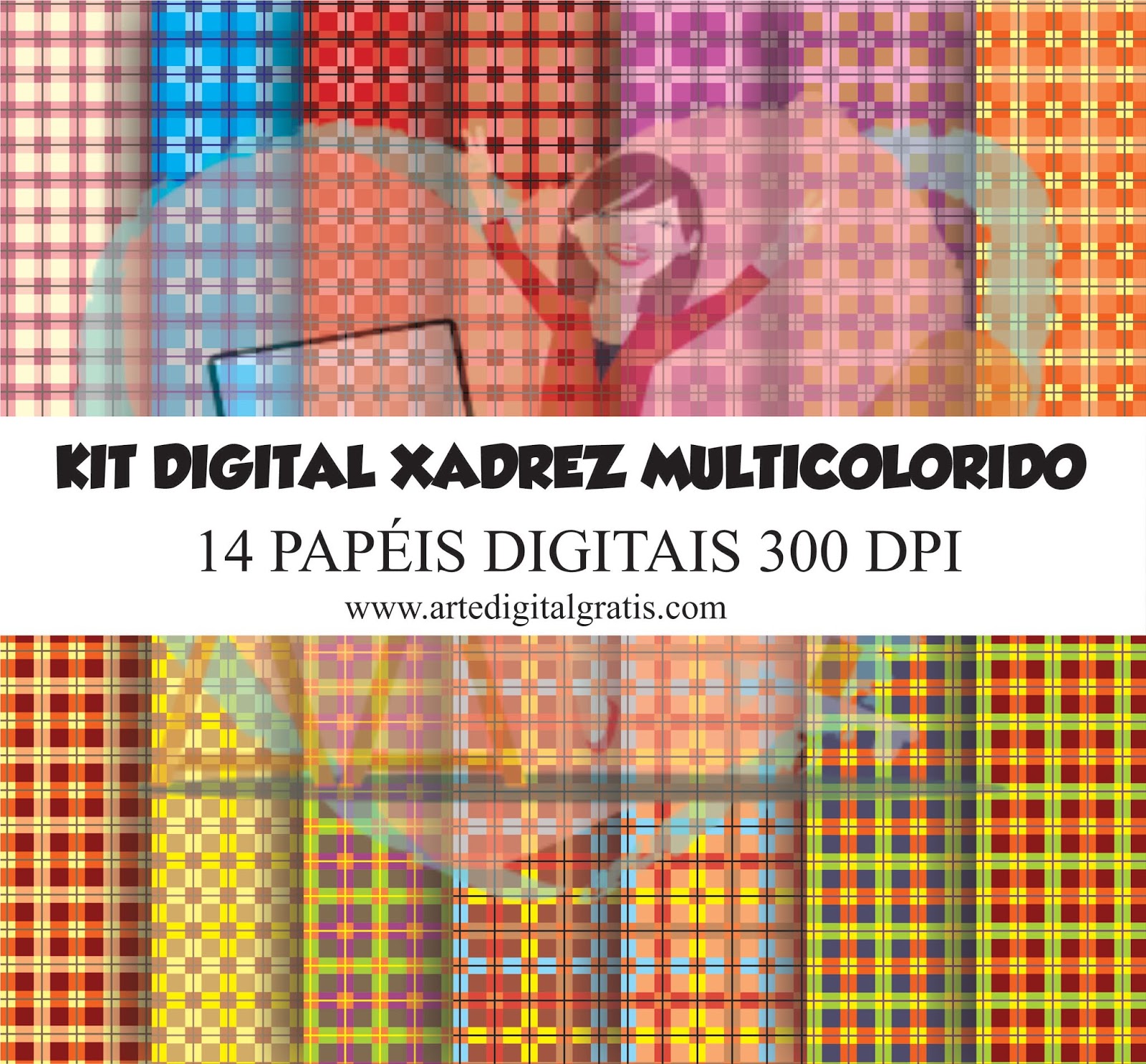 KIT DIGITAL XADREZ MULTICOLORIDO GRÁTIS - Arte Digital Grátis