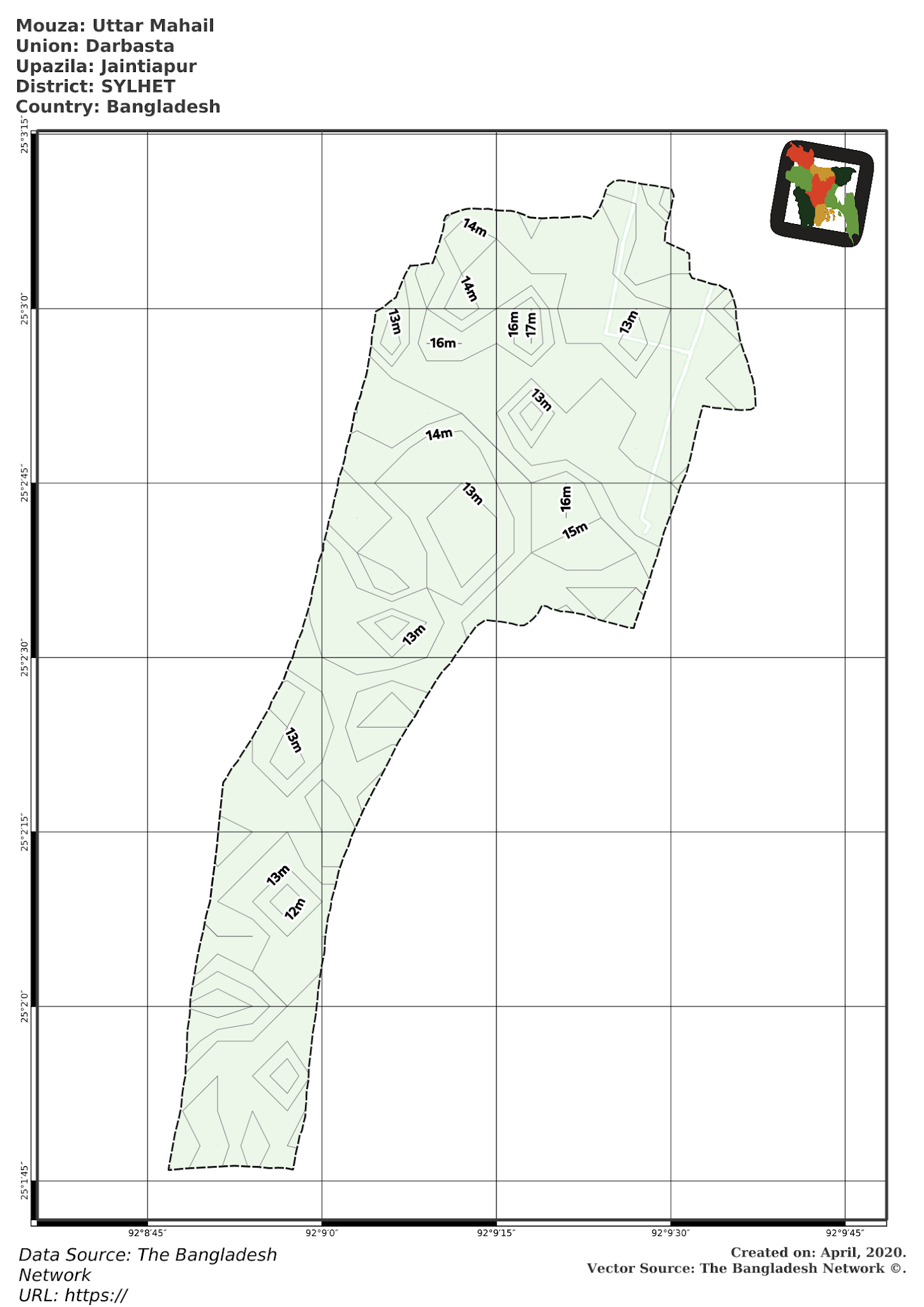 Map of Uttar Mahail Mouza of Jaintiapur Upazila, SYLHET, Bangladesh.