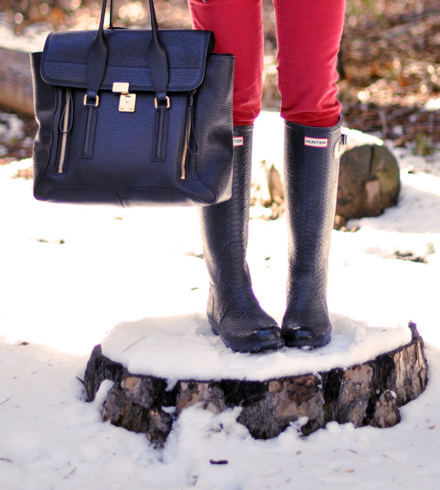 plaid jacket, red pants, hunter boots