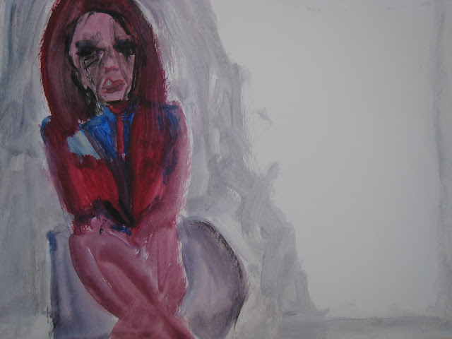 Pintura que muestra a una Mujer de rojo sentada sola, pensando y con el maquillaje corrido, obra de Emebezeta