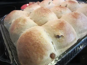 Easy Hot Cross Buns by Renee's Kitchen Adventures in pan fresh out of the oven