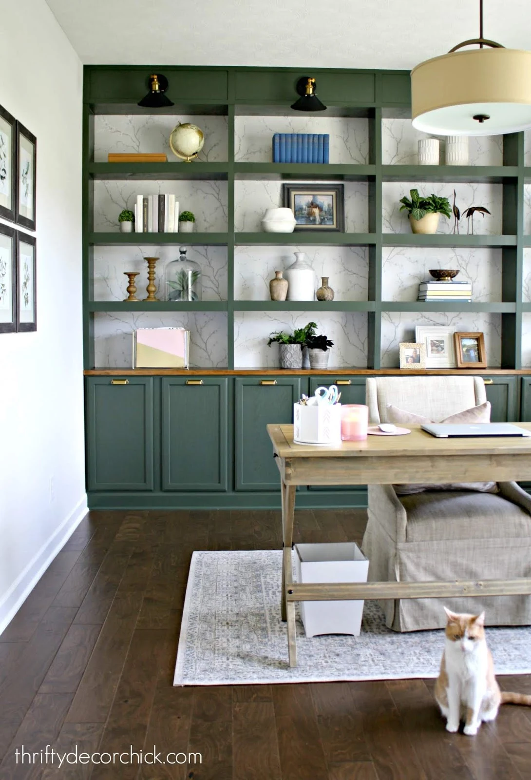 How to decorate the back of a bookcase + easy shelf liners for the kitchen  cabinets - Green With Decor