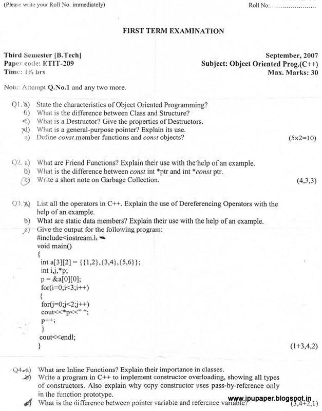 GGSIPU QUESTION PAPERS: First Term 2007 ETIT 209 Object Oriented ...
