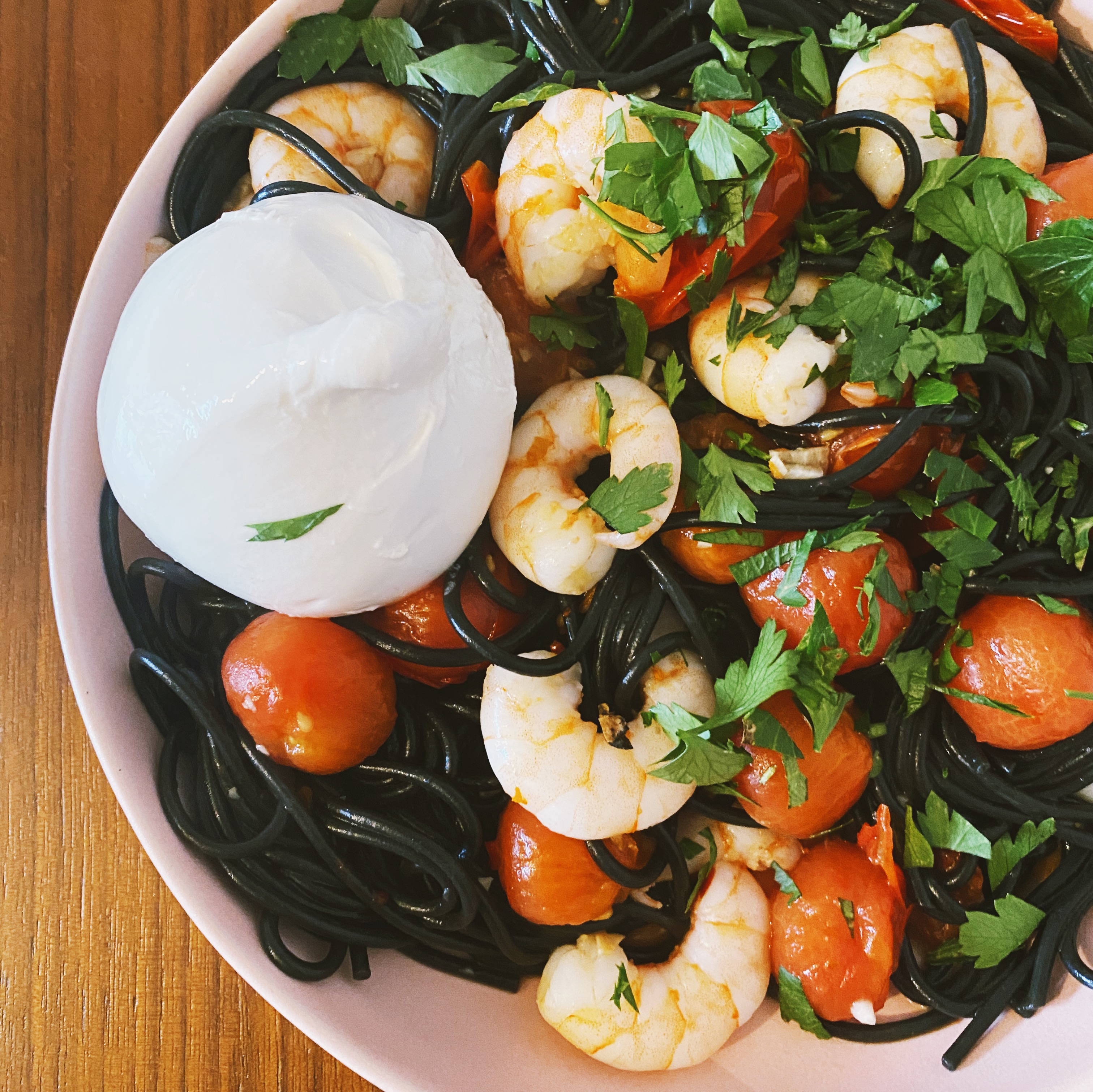 Stella's Wardrobe SQUID INK LINGUINE WITH PRAWNS & BURRATA