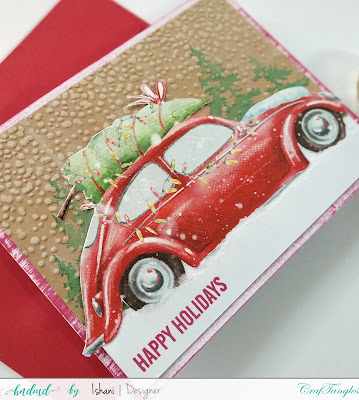 Quick Holiday card ideas, Stamping on kraft, Christmas card, Video Tutorial, Craftangles Watercolor element pack ,Sizzix embossing folder - snowfall,Quillish,