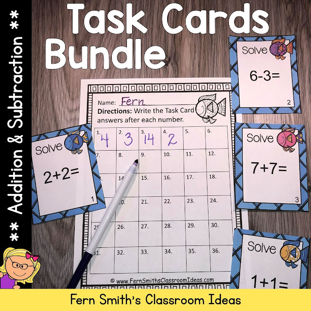 You will love how easy it is to prepare these Ocean Themed Addition and Subtraction Task Cards for Addition Doubles, Addition Doubles Plus One, Plus One, Plus Two, Plus Zero, Subtraction Doubles, Subtraction Doubles Plus One, Subtract One, Subtract Two, and Subtraction of Zero for your class. #FernSmithsClassroomIdeas