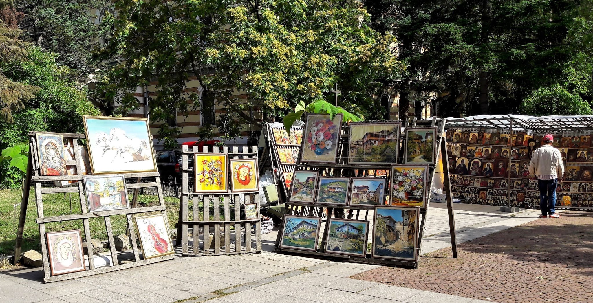 A stall full of religious icons on the pavement in Alexander Nevsky Square