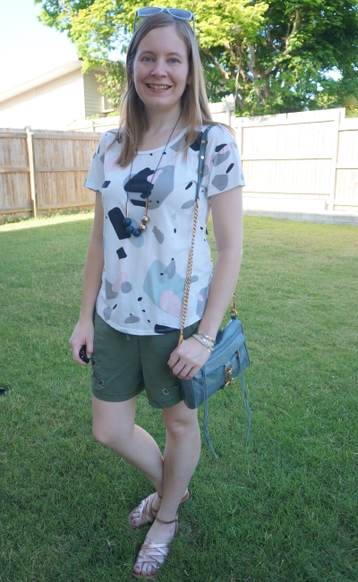 thrifted abstract print tee with olive embroidered soft shorts mini mac crossbody bag | away from the blue