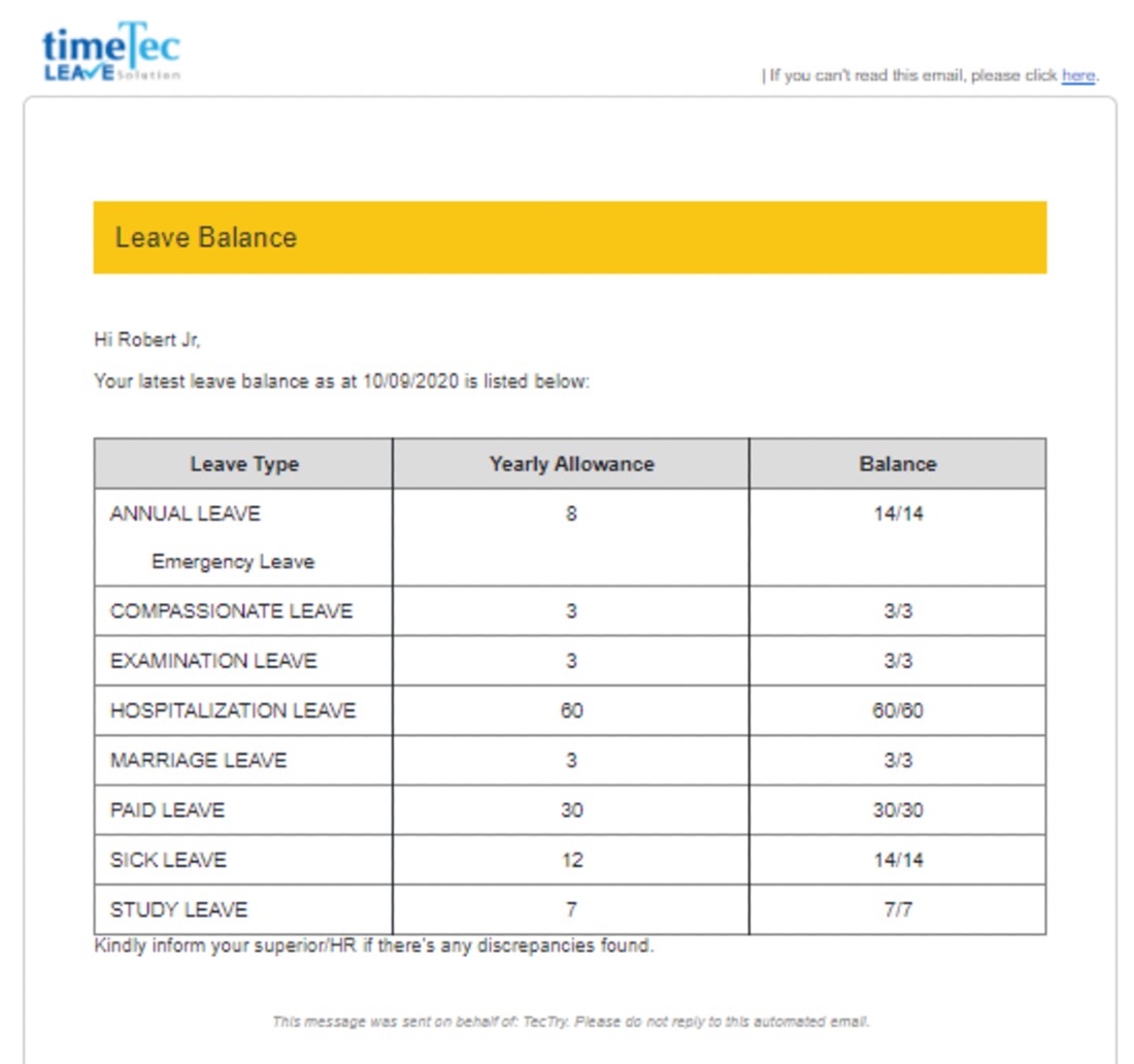 How to Set User Leave Balance Notification to Email and TimeTec Leave