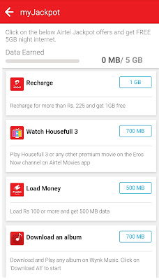Airtel offers 5gb of free night data for completing some tasks. Get upto 1gb per task