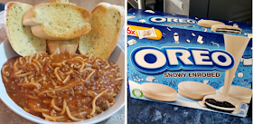 a bowl of spaghetti bolognese and garlic bread and a box of the oreo white chocolate biscuts