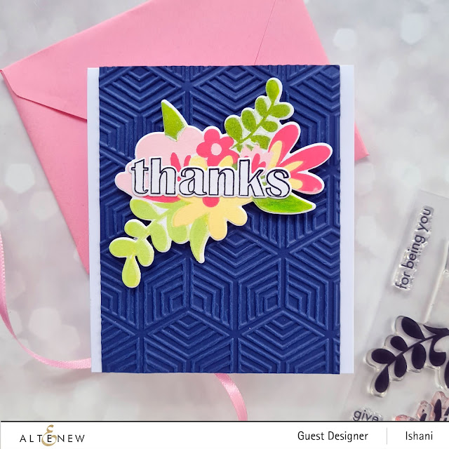 Altenew Floral thanks stamp set  and dies, Altenew Geo Diamonds 3 D embossing folder, Floral card, Colored cardstock,Thank you card, , Quillish