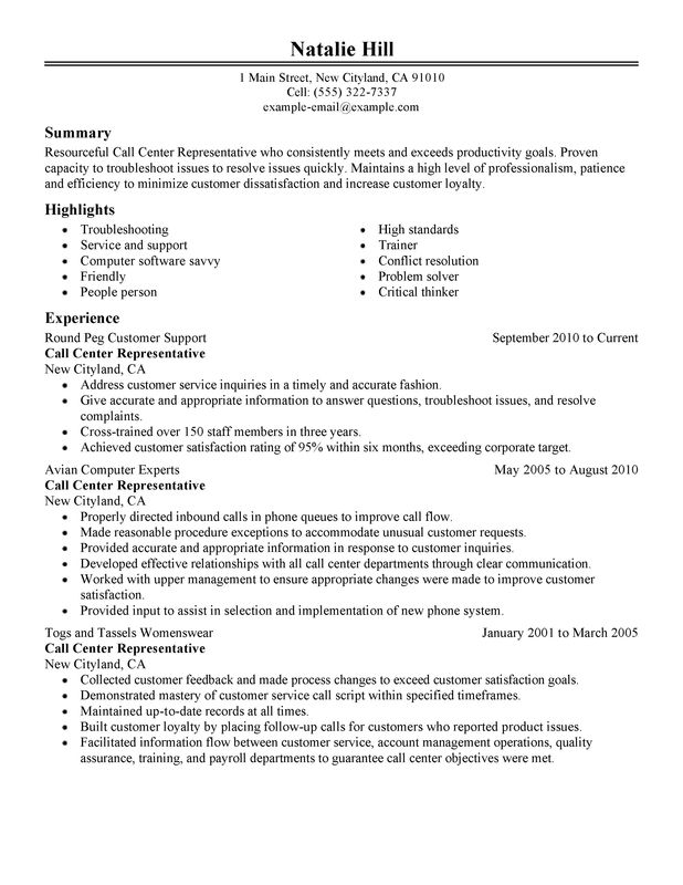 call center resume skills examples