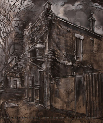 Plein air ink and charcoal painting of the renovation and redevelopment of the Terminus Hotel corner of John and Harris Street Pyrmont painted by industrial heritage artist Jane Bennett