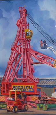 Plein air painting of Liebherr Crane undergoing maintenance on East Darling Harbour Wharves, now Barangaroo, painted by industrial and marine heritage artist Jane Bennett