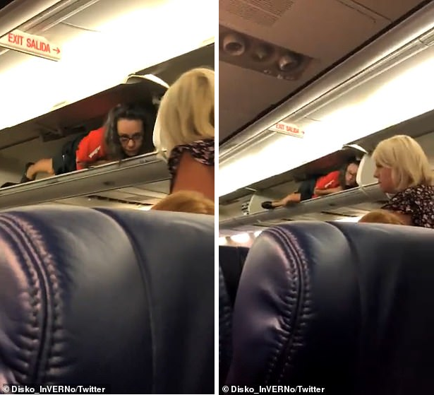 Flight Attendant Climbs Into Overhead Compartment Of Passenger Plane Go