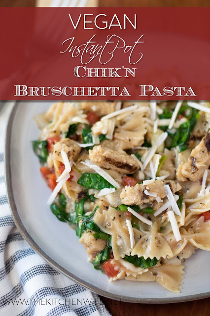 The Vegan Chik'n Brschetta Pasta on a place, with a fork to the side and the title above.