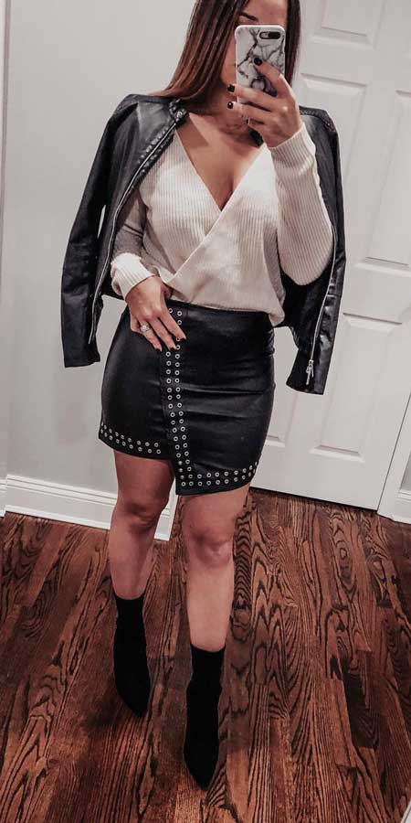 Wrap front sweater, faux leather skirt, a peplum jacket, knit top | 21 womens winter jackets and winter fashion jackets to copy in your stylish winter outfits. Black winter jackets to White winter jackets. Warm Jacket fashion via higiggle.com #outfits #style #fashion #jackets