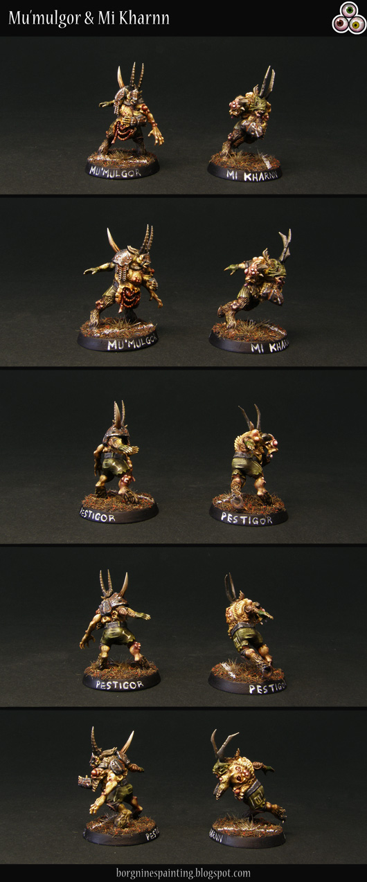 2 painted Pestigor of Nurgle miniatures for use in Blood Bowl, converted out of BB Chaos Beastmen, using greenstuff, visible from different angles. Their skin is pale yellow and the clothes dirty green. One on the left has a Plaguebearer arms sticking out of his back, representing the 'Extra Arms' skill, while the one on the right a small, deformed head dangling around, representing the 'Two Heads' skill.