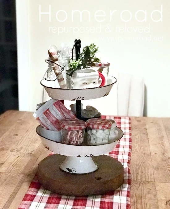 Enamelware tiered tray with hot cocoa, tea and coffee beverages