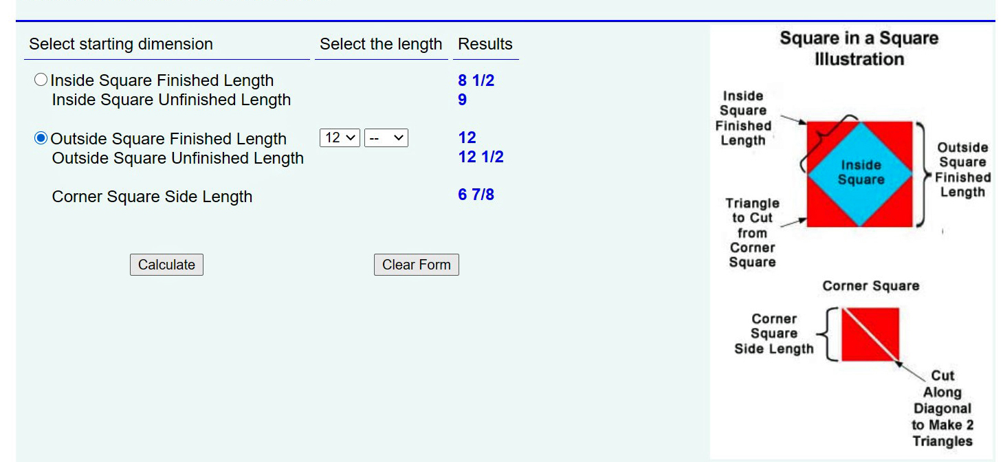 She Quilts It Square in a Square calculator