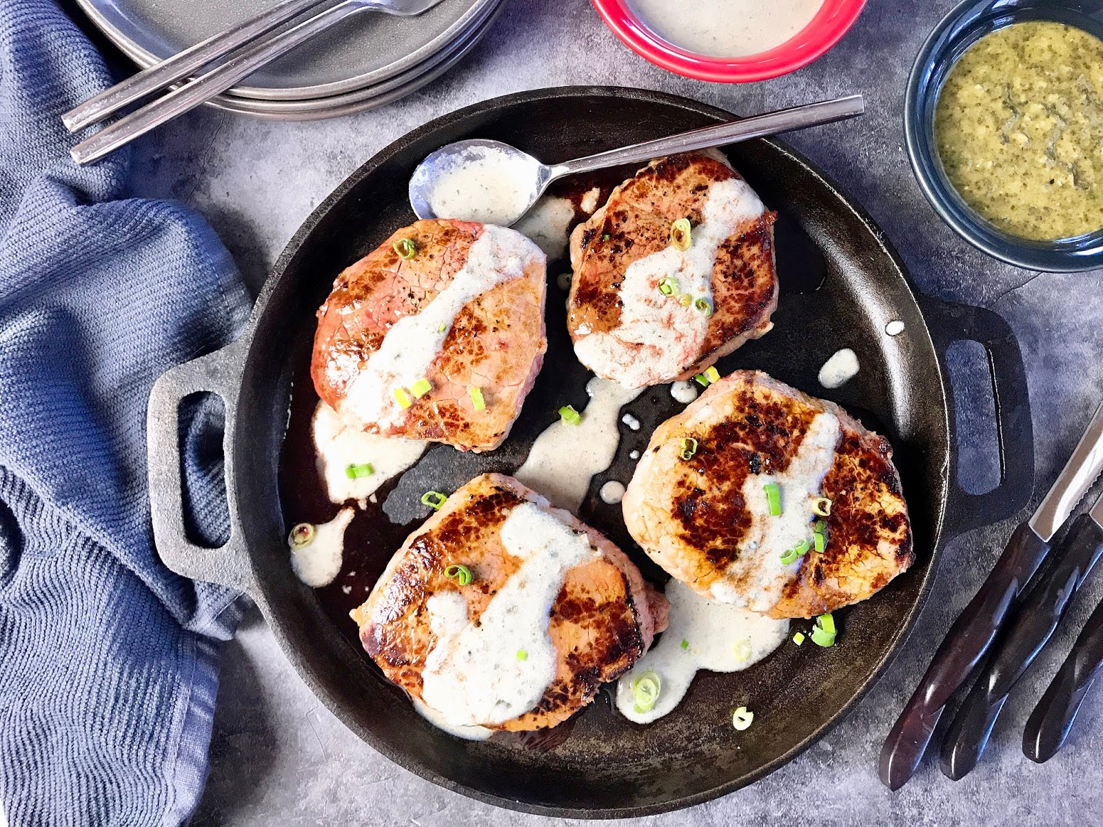 Seared Steaks with Creamy Pesto Sauce