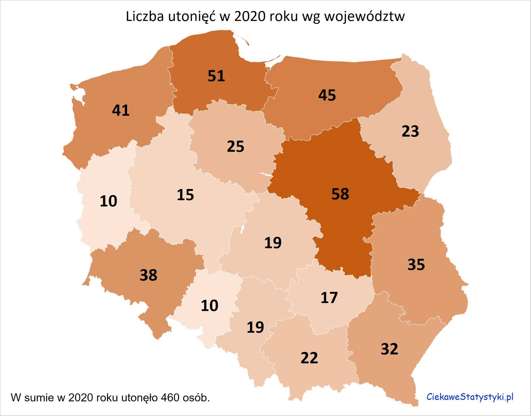 Liczba utonięć w Polsce w podziale na województwa