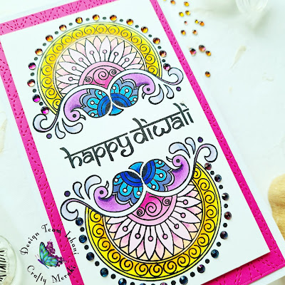 Happy Diwali card, Happy Diwali stamp set by Crafty Meraki, Indian motif card, Diwali cards, Diwali stamps, Diwali crafts, Parisienne die crafty meraki, Meraki sparkle illusion embellishments, Quillish, crafty meraki DT Ishani