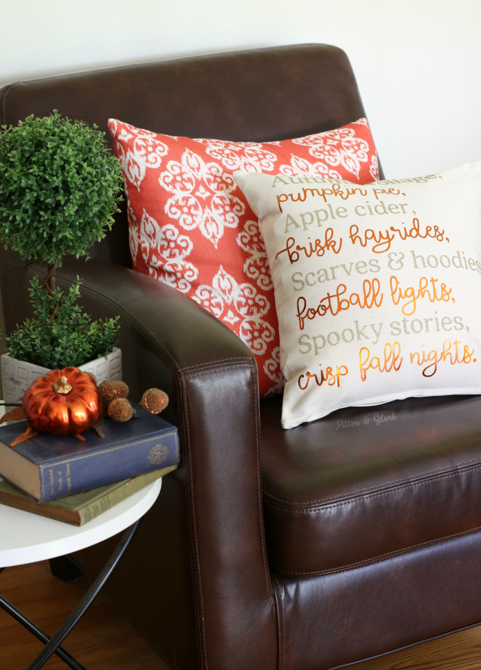 DIY Fall Poem Pillow + Free Cut File | Usher in fall with this pillow featuring an original fall poem cut from HTV using a Silhouette Cameo! pitterandglink.com DIY Fall Poem Pillow + Free Cut File
