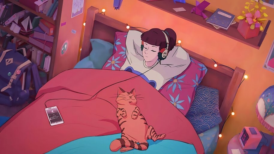 Lofi, Girl, Cat, Headphone, Sleeping, Hip Hop, 4K, 7.2709 Wallpaper