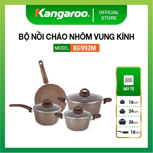Bộ Nồi Chảo Nhôm Vung Kính Đáy Từ Kangaroo (Size 18, 24, 26cm) KG992M