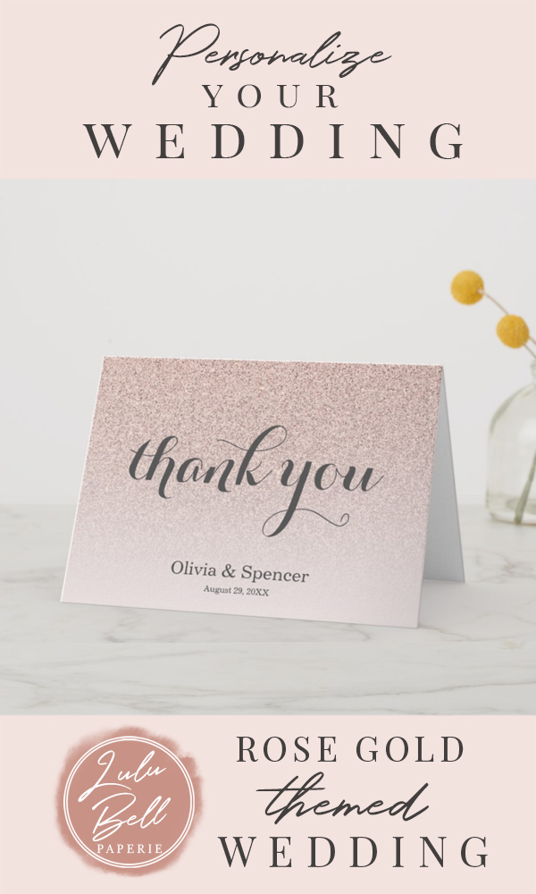 Trendy Rose Gold Faux Glitter Script Wedding Thank You Cards
