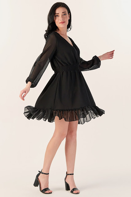  Kruvaze Yaka Şifon Elbise - Siyah