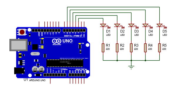 PROYECTRONICS: Secuencia de 5 LEDs con Arduino