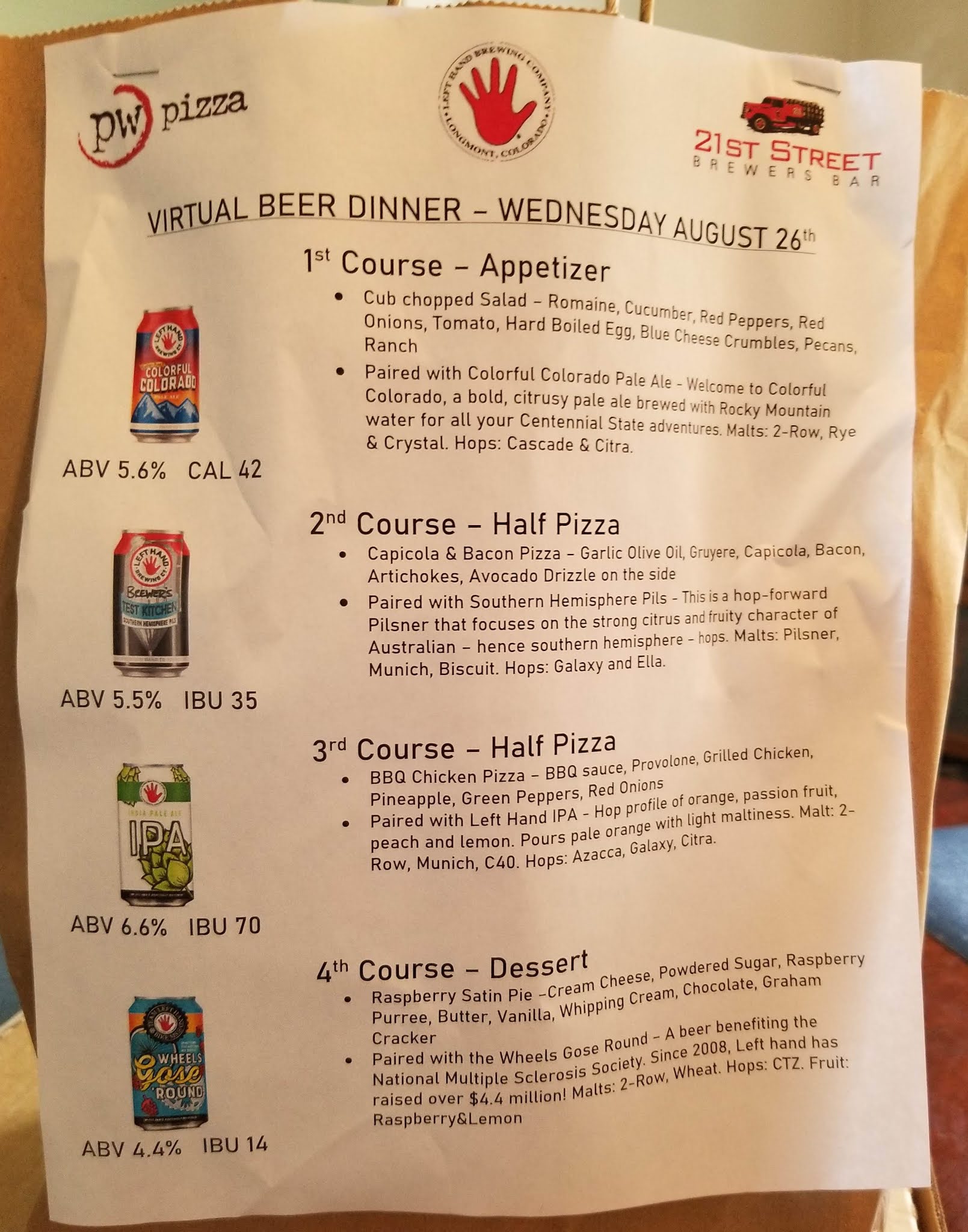Michelle A. Marcus PW Pizza Left Hand Brewing Virtual Beer Dinner 2020