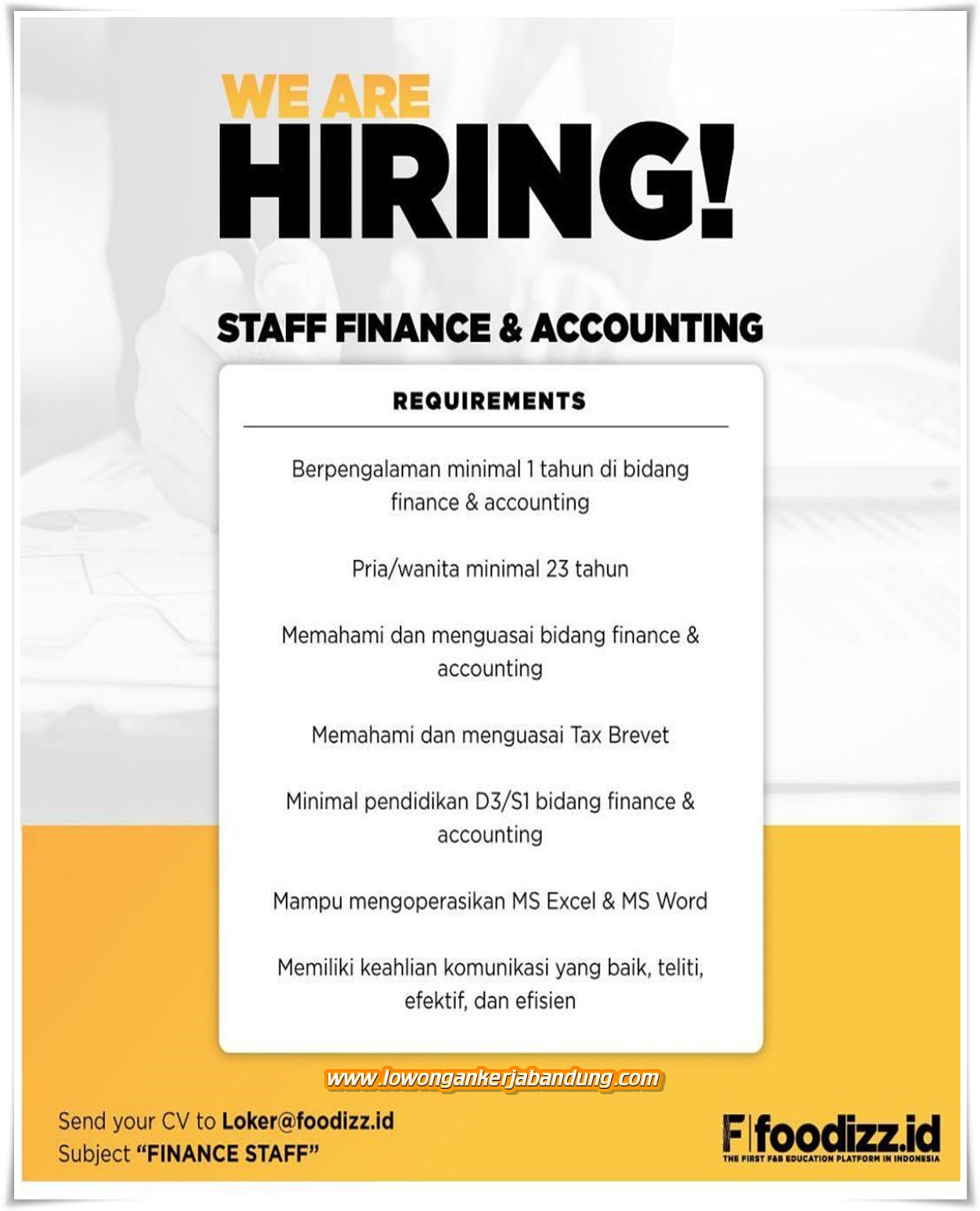 Lowongan Kerja Bandung Staff Finance & Accounting Foodizz.id - Lowongan