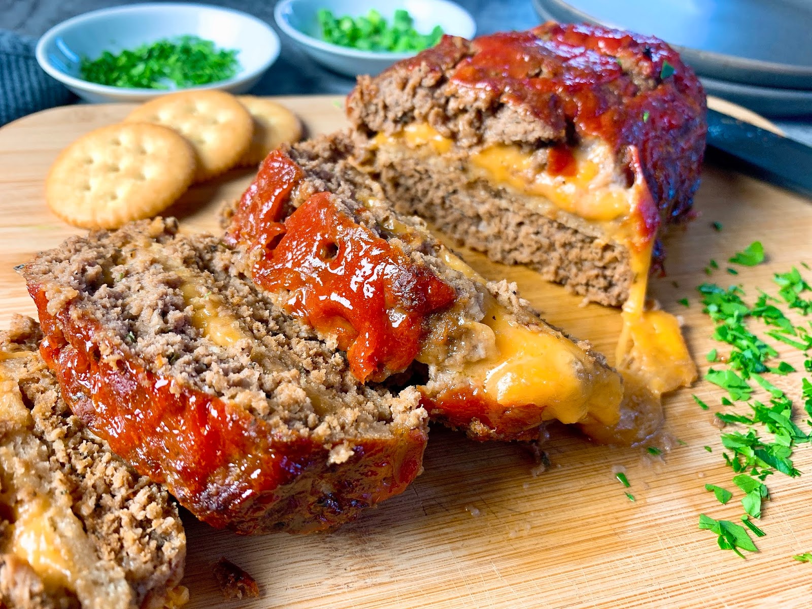 Stuffed Meatloaf with Cheese and Crackers
