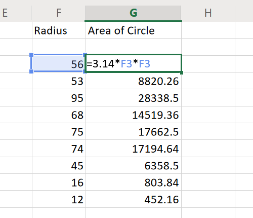 Площадь круга в Excel