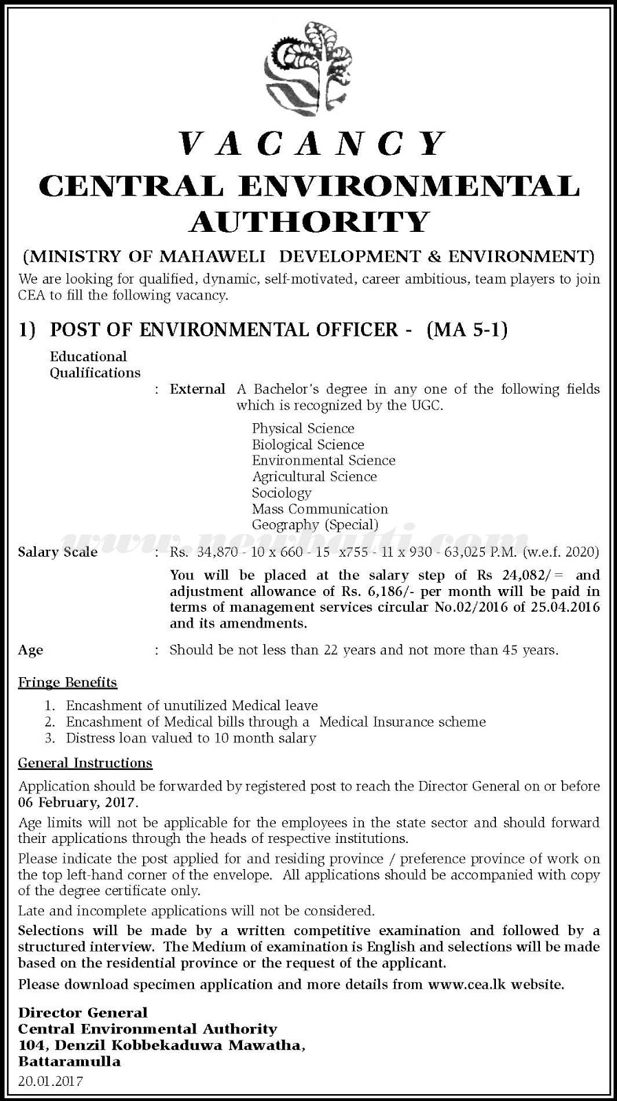vacancy for Environmental Officer Central Environmental Authority closing date on 6.2.17 Sri
