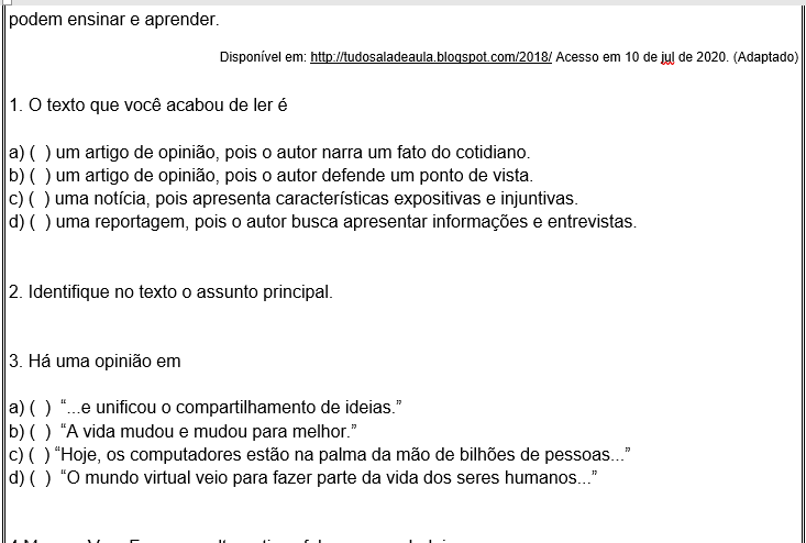 Questões Sobre Artigo De Opinião Com Gabarito