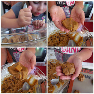 girl making cookies collage how to stuff caramel in cookie dough