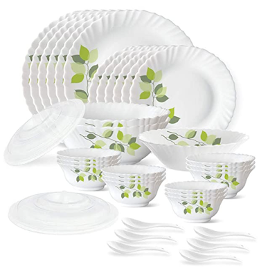 Larah by Borosil Green Leaves Silk Series Opalware Dinner Set for Occessional and Everyday use too Larah by Borosil Green Leaves Silk Series Opalware Dinner Set for Occessional and Everyday use too