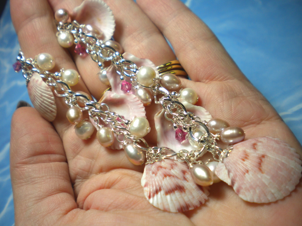 Del's Shells: Pink Seashell Charm Bracelet with Blush Pink and White ...
